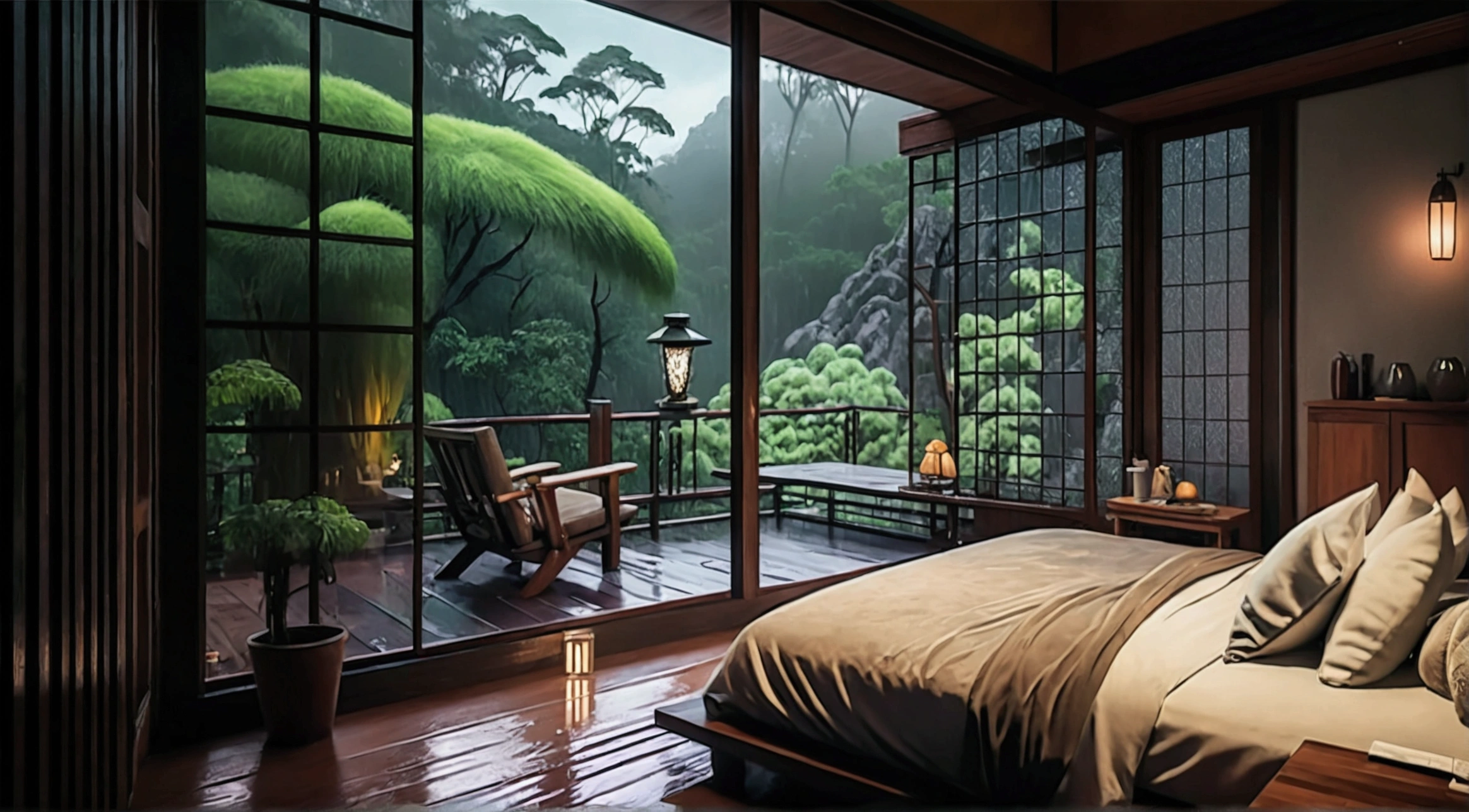 a bed sitting on top of a wooden floor next to a window, inspired by Inshō Dōmoto, shutterstock, in a deep lush jungle at night, youtube video screenshot, rainy day outside, wooden house