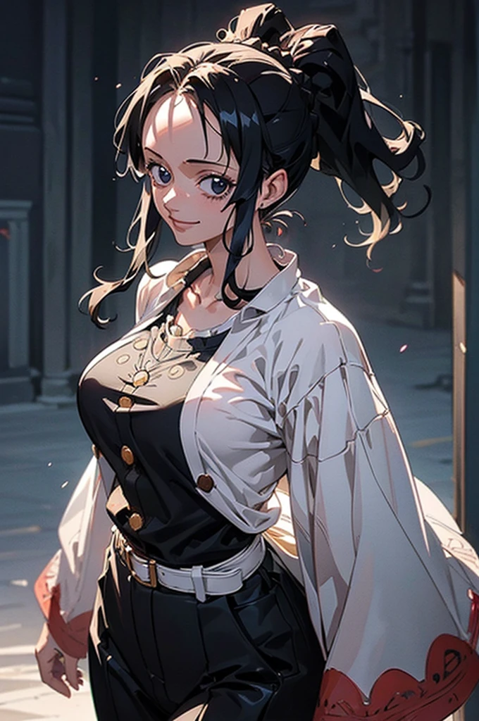 (((beautiful))), (((one piece))), ((Black Hair, ponytail)), One Woman, Modest chest,, Sweat, Glowing Skin, (((Intricate details))), High resolution, ((Intricate details, Ultra-detailed)), whole body, Are standing, looking at the camera, Red cheeks, smile, smile, Walking the Streets