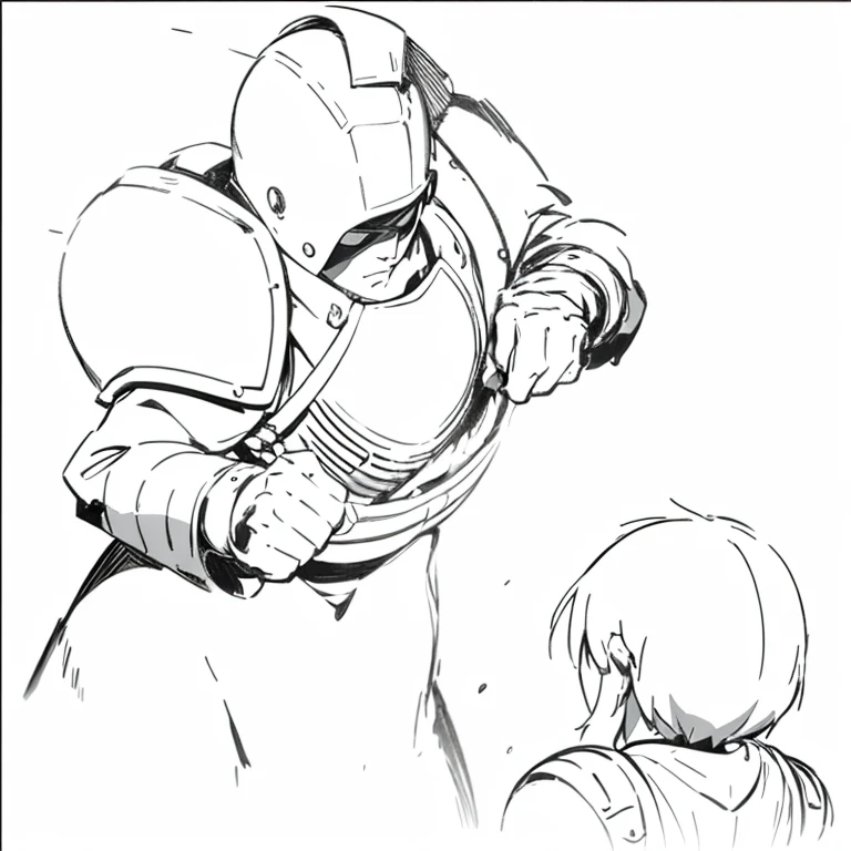 (over the soulder) looking at soldier with armor
