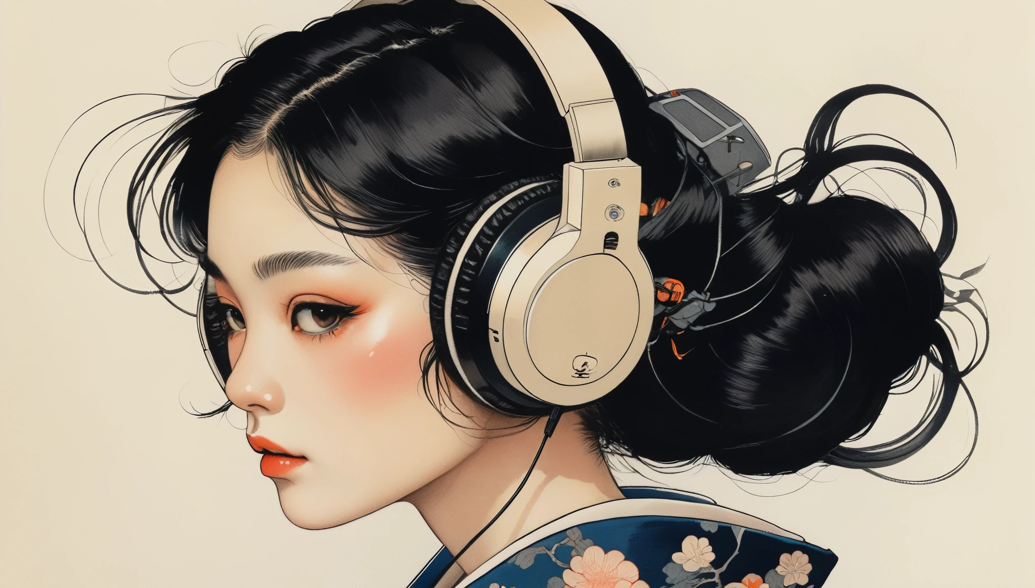 Goldfish print kimono, TATOO on the face, Highest quality, Katsushika Hokusai, Ink Painting, (((1 girl))), Japanese style headphones, beautiful girl, Black hair long hair, Delicate and precise, Modern ukiyo-e style, Darkness