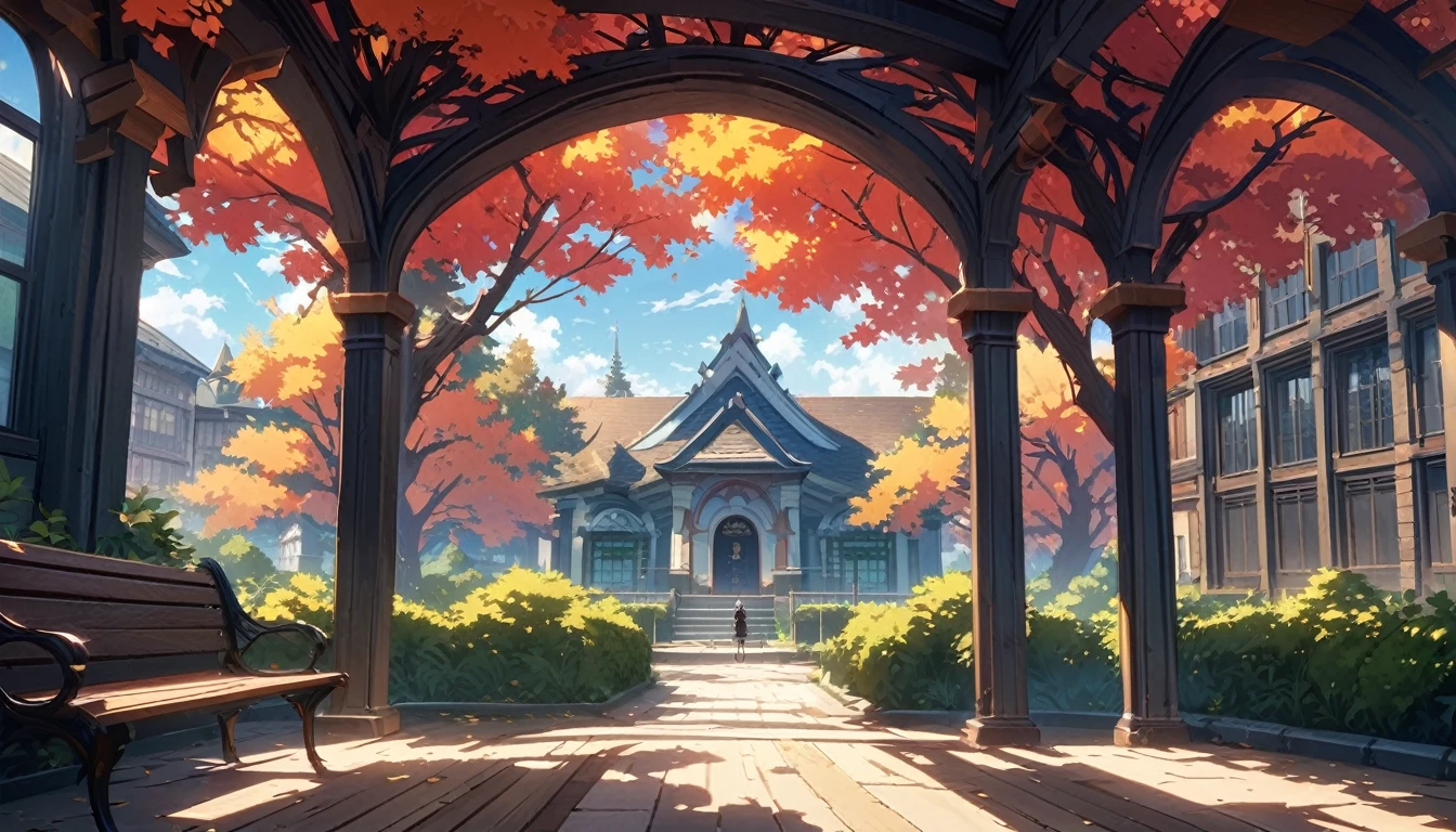 masterpiece, best quality, very aesthetic, Very detailed CG Unity 8k wallpaper，Tree荫，bench，Outside the library，School, landscape, outdoor, sky空, sky, blue sky空, architecture, window,  Fence, Tree，Shinkai Makoto，cartoon