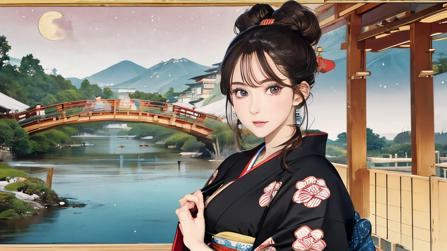 (Highest quality, 8k, masterpiece, High resolution), (whole body), Vibrant colors, Brown-black bob, Traditional topknot, Ample breasts, (Highly detailed face and eyes, Beautiful Face, Beautiful Eyes, Beautiful nose, Pretty lips), Official Art, Ukiyo-e style, (Beautiful woman in kimono), (Vivid floral patterned kimono), background, river, bridge, Mountain, wood, Starry Sky, moon, Detailed CG,