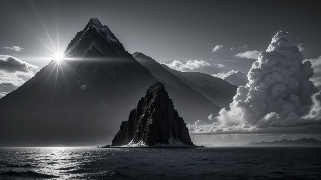 I want a realistic black and white landscape where on the left side there is a mountain in the middle of the sea, on the right side the sun and in the background the clouds, based on the mythology of Icarus, image seen from the side
