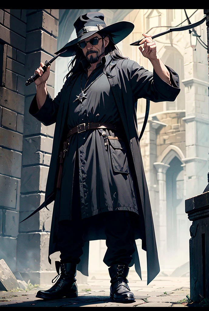 The man wore black sunglasses and a hat., Solomon Kane Hairstyle, Looks like Karl Heisenberg, middle aged man, gray eyes, black hair, be a wizard, Dress or wear medieval clothing., Dungeon and Dragon, Put on a wizard's outfit, The color scheme is brown mixed with black.