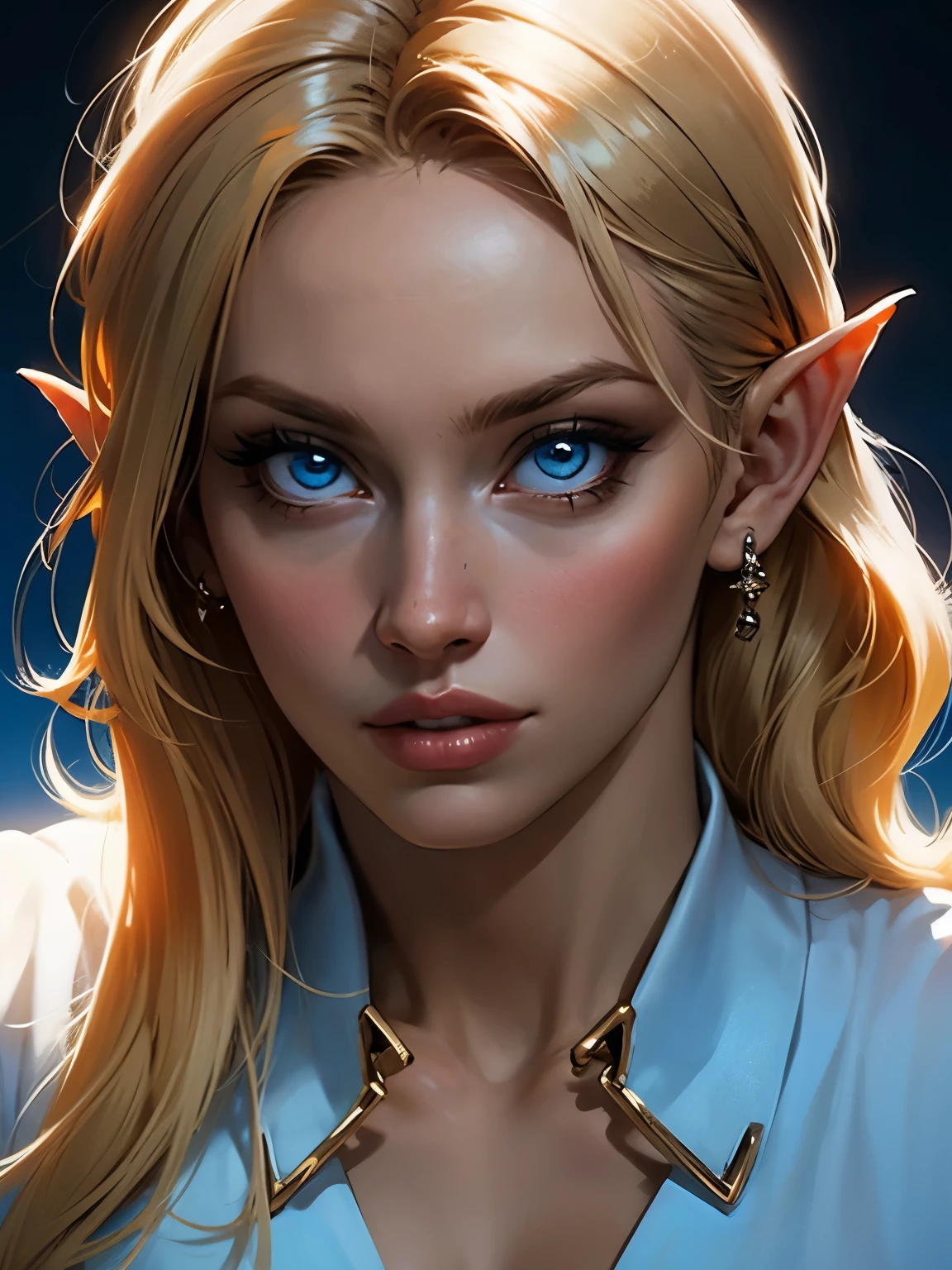 beautiful blond elven woman in her 30s, with blue eyes and striking features, exuding maturity and allure in a seductive pose.(dark-blue background), pointy ears, glowing eyes, beauty, blond long hair,blond short hair ,blond medium hair ,an14