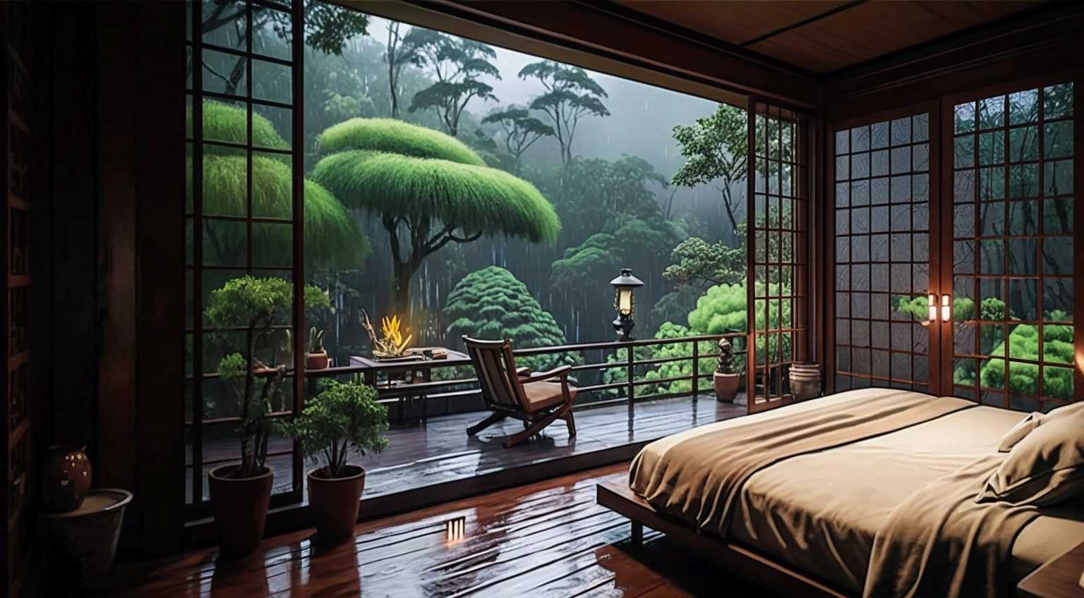 a bed sitting on top of a wooden floor next to a window, inspired by Inshō Dōmoto, shutterstock, in a deep lush jungle at night, youtube video screenshot, rainy day outside, wooden house