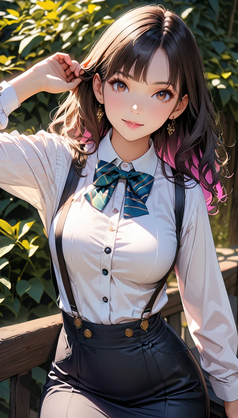 (Highest quality、masterpiece、High resolution、detailed), (Realistic skin texture:1.3), (detailedな目、Beautiful Face),  One girl,Colorful Hair, 3D Anime Real,, rtrophto1
break
//Fashion Vintage Chic,
Vintage chic costume with bow tie and suspenders, Start with a tailored vest or waistcoat in a classic color like black., Navy blue, or charcoal grey, Pair with high-waisted pants or a pencil skirt for a sophisticated silhouette.。, Pair a crisp white button-down shirt with a colorful bow tie、Your individuality stands out。, 
break
Layer on a pair of matching suspenders for a stylish and functional touch, Complete the ensemble with polished oxfords or loafers.、Wear your hair in soft waves or a sleek updo。, This vintage-inspired costume、Perfect for theme parties and cosplay events。, break