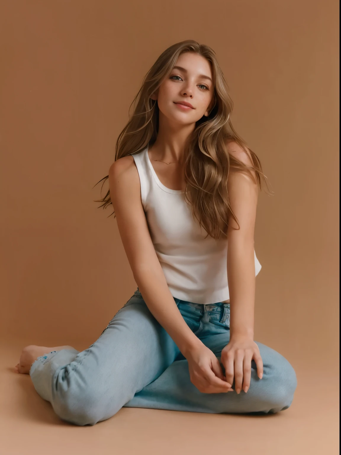 Woman, americana, age 25, pale skin and freckles, grey-eyed, delicate nose, soft and delicate lips, distant, cabelo blondie distant e ondulado na altura da cintura, Sweet smile, face with delicate feminine facial features, highly rendered, black leather pants
