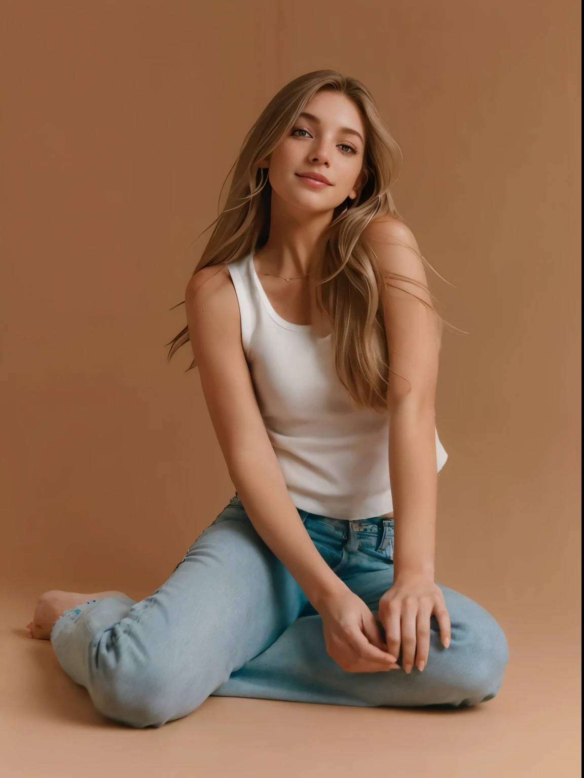 Woman, americana, age 25, pale skin and freckles, grey-eyed, delicate nose, soft and delicate lips, distant, cabelo blondie distant e ondulado na altura da cintura, Sweet smile, face with delicate feminine facial features, highly rendered, black leather pants