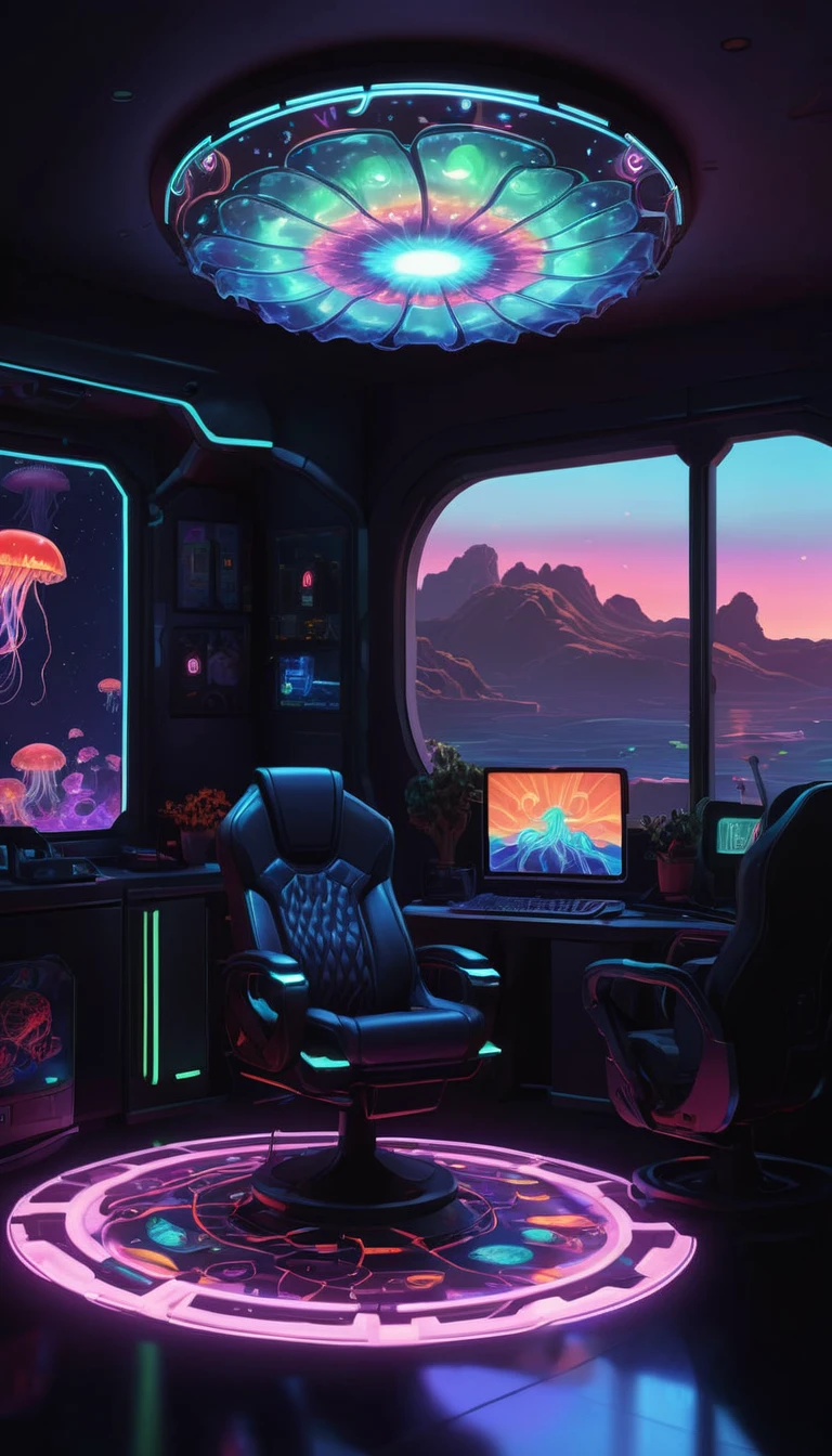 A highly detailed masterpiece, Moving, Awesome quality, donmfmaxl server/Utility room, Hand soap,charging station,Sitting chairs,  Like an obsidian car,forgive,LenoWave fabric, Introduction of jellyfish genes,Sunlight through windows, Neon lights, 