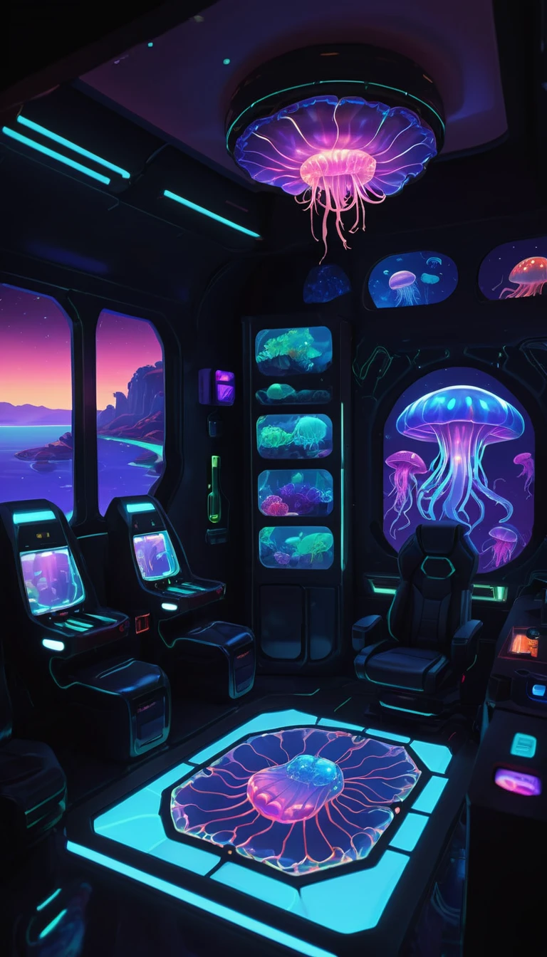 A highly detailed masterpiece, Moving, Awesome quality, donmfmaxl server/Utility room, Hand soap,charging station,Sitting chairs,  Like an obsidian car,forgive,LenoWave fabric, Introduction of jellyfish genes,Sunlight through windows, Neon lights, 