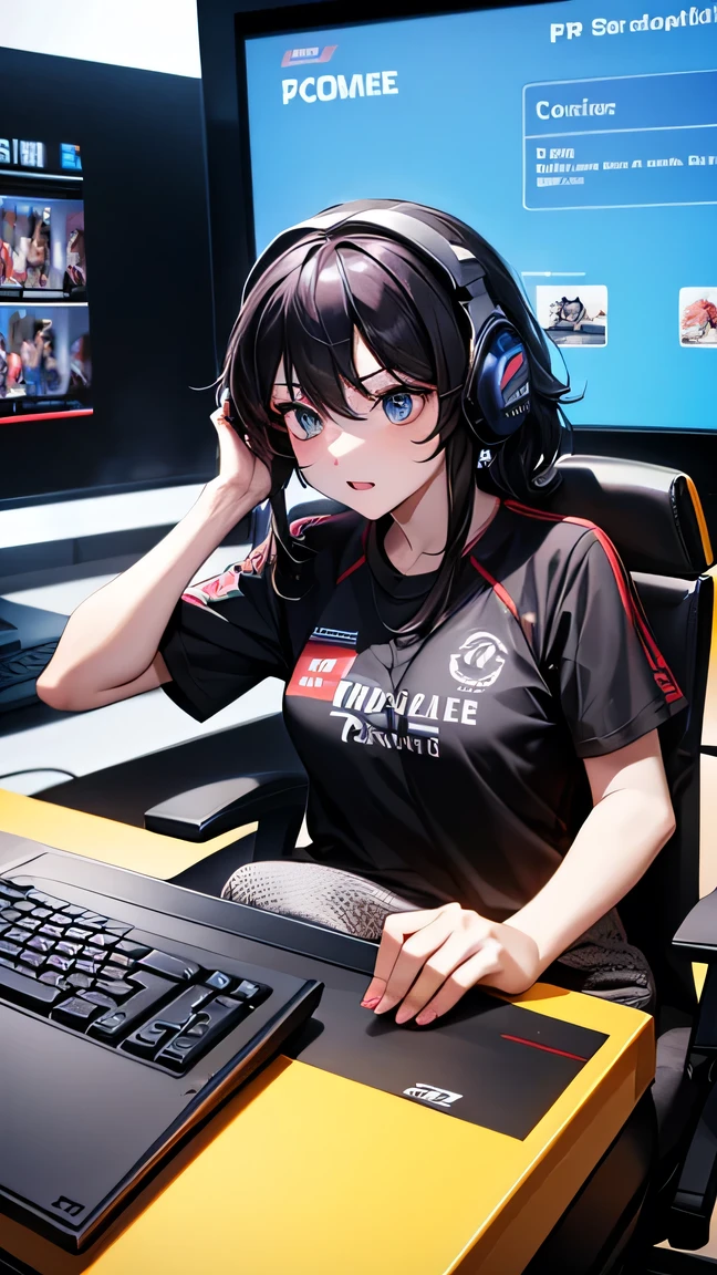 At an e-sports tournament、A female professional gamer playing with a serious expression in front of a gaming PC。