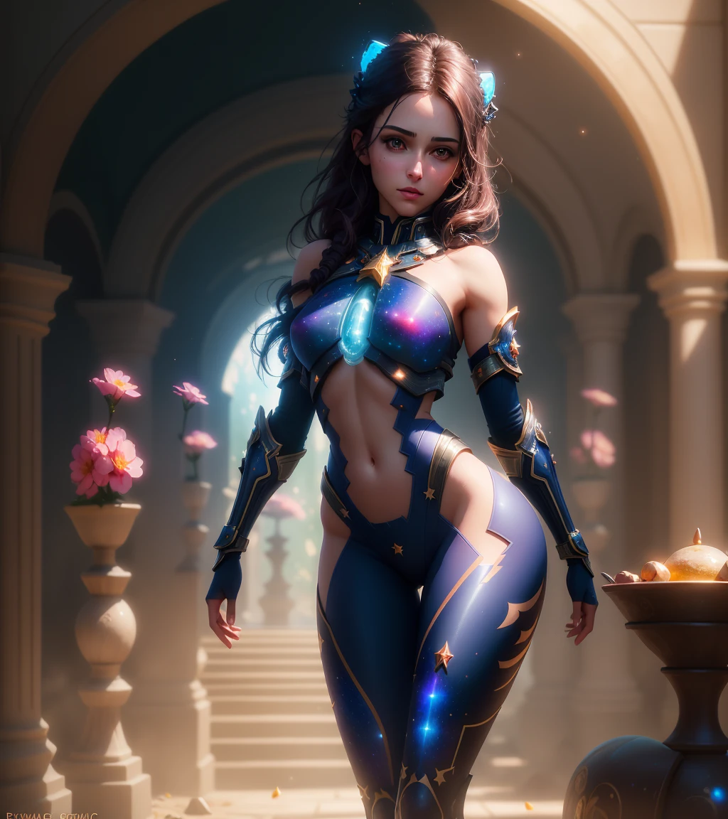 Highly detailed RAW color photo, beautiful young, dynamic pose, (Broad Hips), (skin detailed), (detailed lips), (detailedeyes), (Cosmic:1.4), (necropolis:1.1), (science fiction scenario) (face detailed), (curved), detailedeyes, Chromatic aberration, Depth of field, iluminação Soft, work of art, best qualityer, intrikate, (Lens flare:0.7), (blossom:0.7), particle effects, ray tracing, tone mapped, highy detailed, conceptual artwork, Soft, sharp focus, dramatic lighting, highy detailed artwork, cinematic, hyper realisitic painting, trends on ArtStation, 8k, amazing shadows, realisitic, (highy detailed background:1.2), mid-journey art