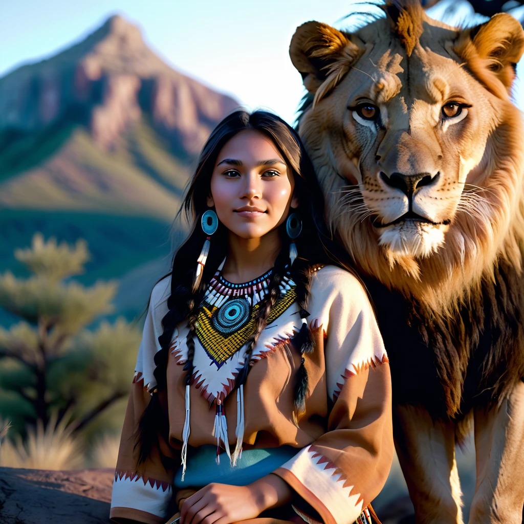 (grainy:0.5), cinematic, beautiful girl 25 year old,native american,fantasy,(solo:1.3), detailed eyes, detailed face, detailed native american clothing , volumetric lighting, dusk, extremely detailed background, standing next to tree and mountain, smiling, half closed eyes, tilted head, from side, sitting next to her lion