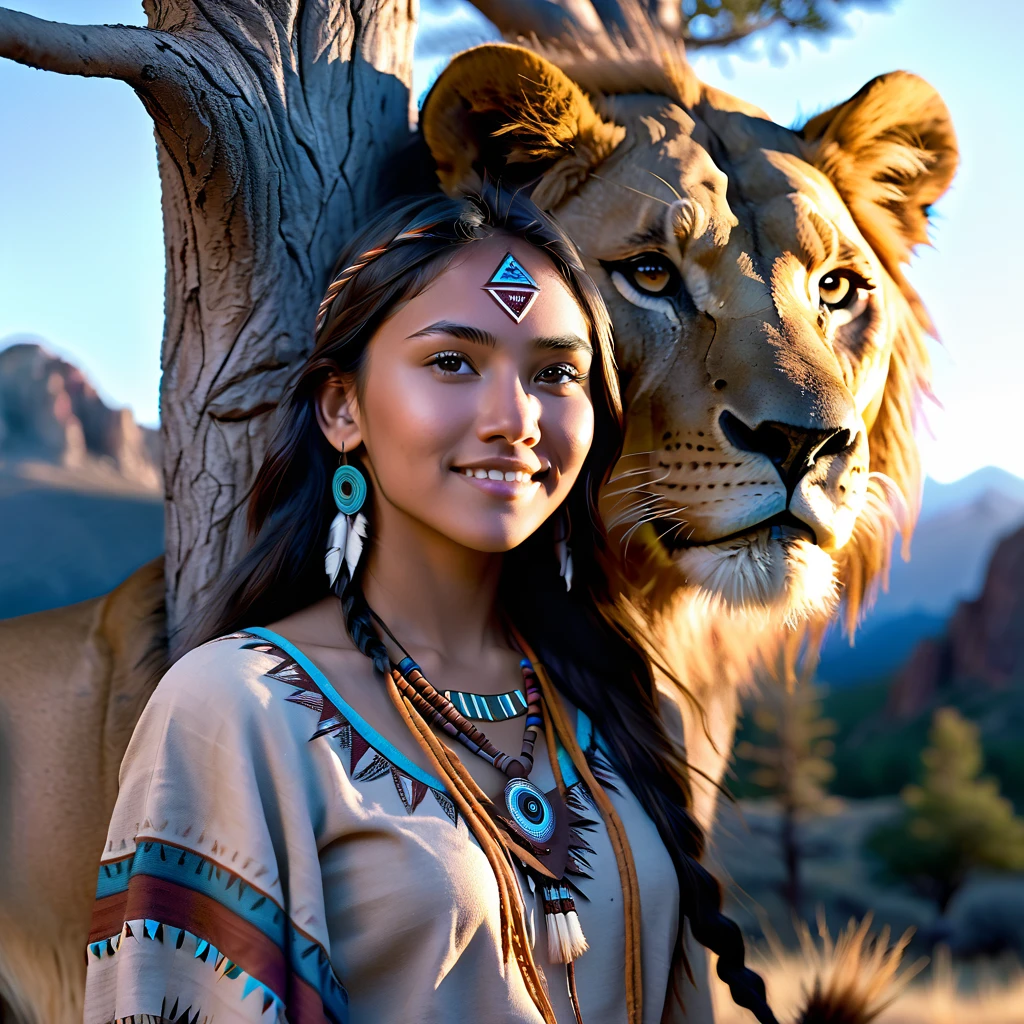 (grainy:0.5), cinematic, beautiful girl 25 year old,native american,fantasy,(solo:1.3), detailed eyes, detailed face, detailed native american clothing , volumetric lighting, dusk, extremely detailed background, standing next to tree and mountain, smiling, half closed eyes, tilted head, from side, sitting next to her lion