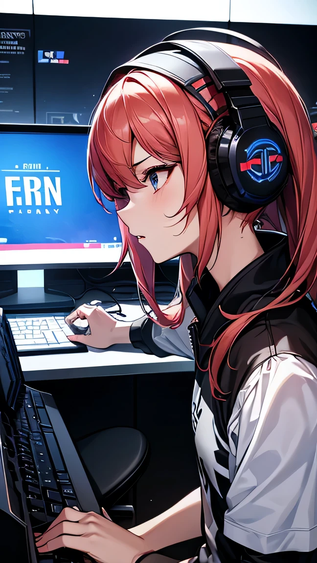 At an e-sports tournament、A female professional gamer playing with a serious expression in front of a gaming PC。