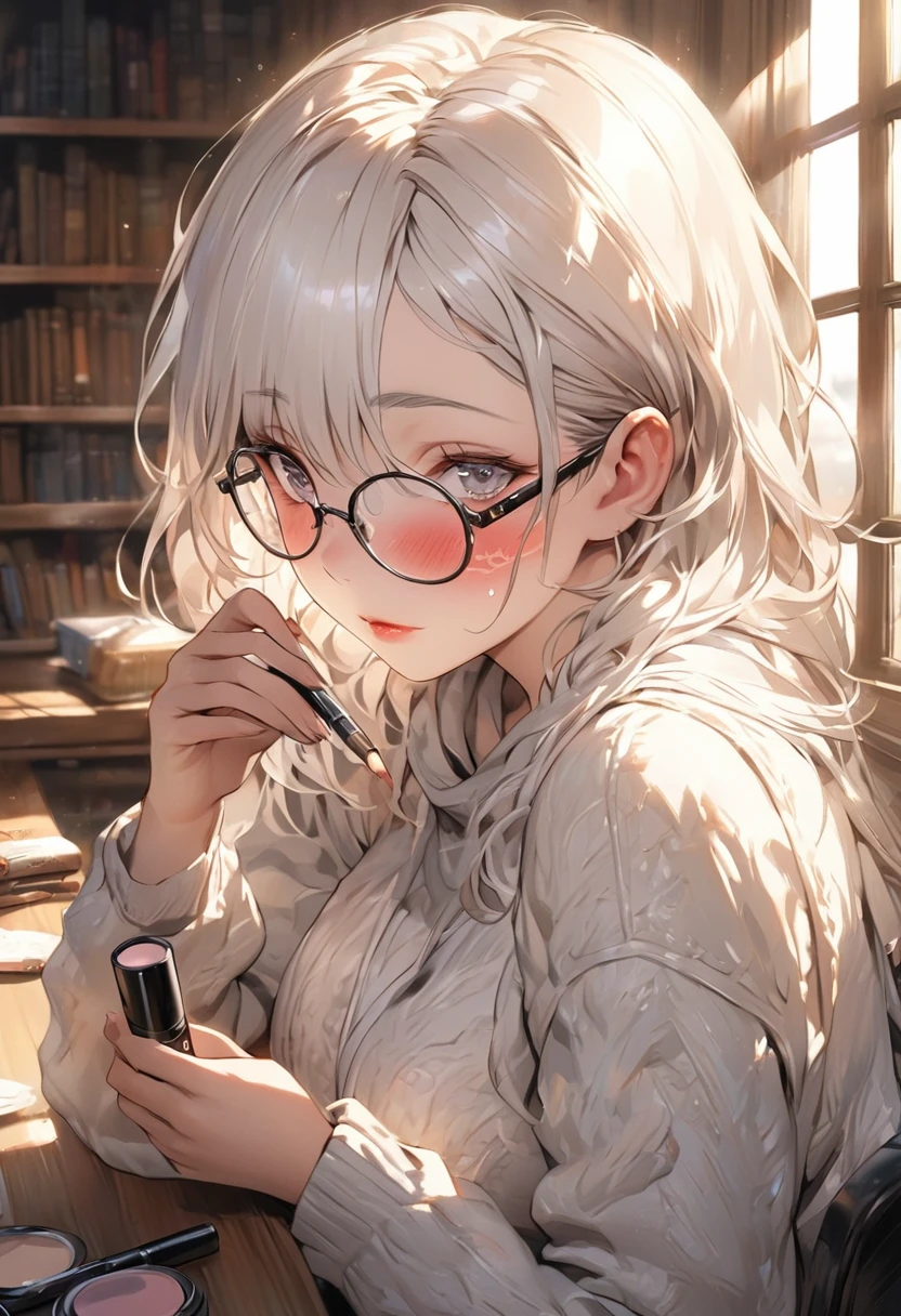 (Masterpiece, best quality, Sharp focus, depth of field, best shadow, perfect fire, HDR, Realistic skin texture, The background is too detailed.), 1 woman, big breasts, white hair, Silver Eyes, (put on makeup, Apply primer, Apply foundation, Apply concealer, Eyebrow drawing, Apply eyeshadow, Write eyeliner, blush, lip balm), Wear glasses, in the library, Cold expression, in hand holding ice cream, next to the window, The light from the evening sun shines on the window.