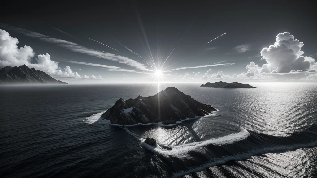 I want a realistic black and white landscape where on the left side there is a mountain in the middle of the sea, on the right side the sun and in the background the clouds, based on the mythology of Icarus, and dragons flying close to the sun, all information right in the center of the image
