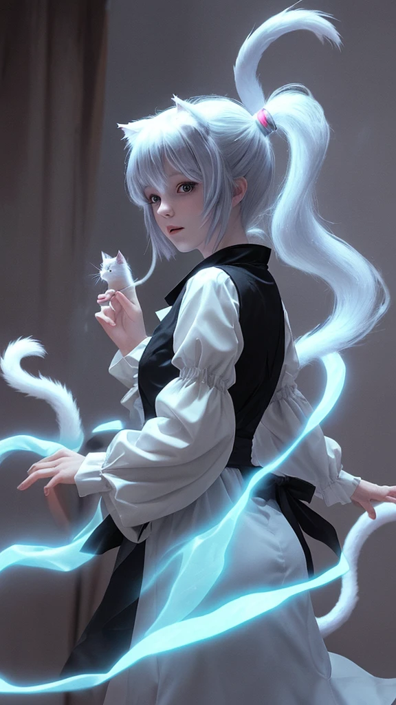 High resolution, masterpiece, Best Quality, Textured skin, Glowing Skin, girl, Illustration of a single person, Full body illustration, Clear Skin, The body is transparent, She wears a dress made of magical water., She wears tights made of magical water., Wear warm clothes, Body made of slime, Light blue slime, Gray Hair, White eyelashes, Princess, Around 20 years old, adult, Glass crystal ornaments, Small breasts, Five fingers, Natural hand shape, five fingers only, Glass Ear, flame over one eye, flaming eye, Heterochromia,