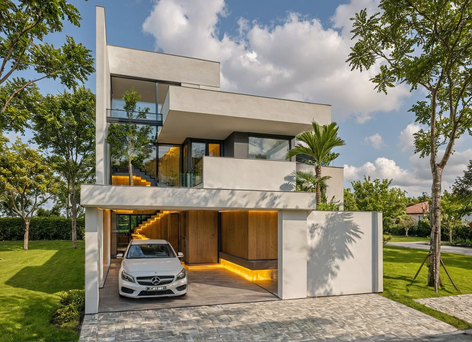 chef-d'artwork, high quality, best quality, authentique, Great detail, en plein air, villa de plain-piedXL, credit group, style de maison moderne dans la rue ,escaliers, mur blanc ,route,pavement, herbe, des arbres, ciel, nuage, (day light:1.1)