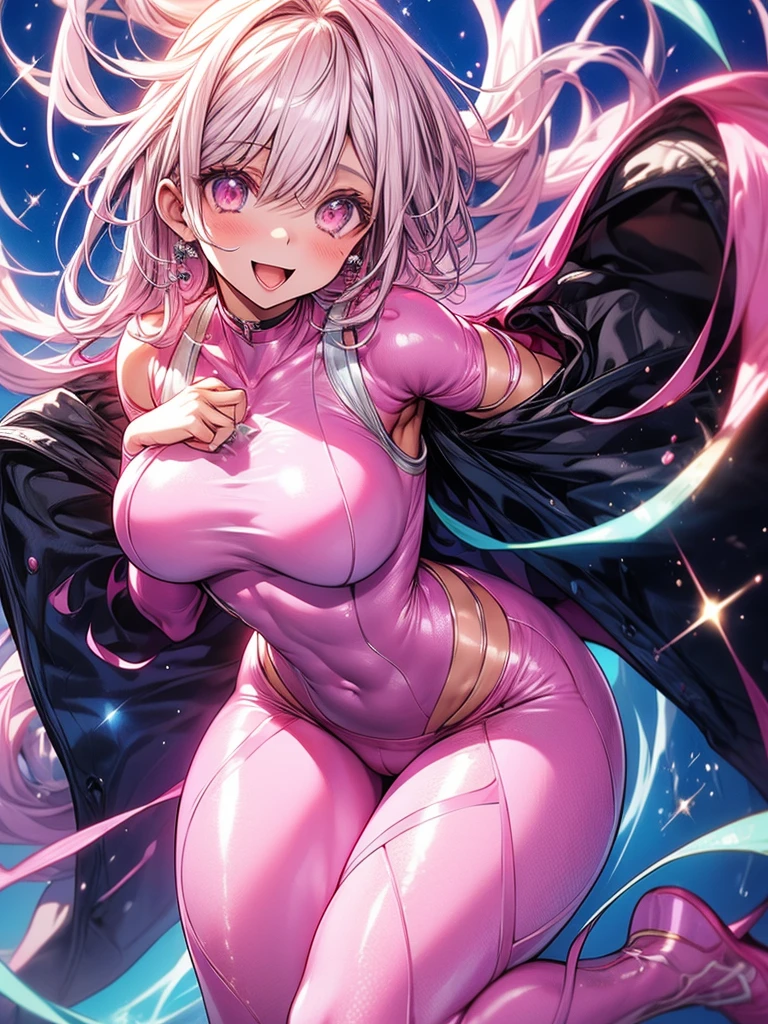 A beautiful girl wearing a beautiful sparkling pastel pink tight bodysuit