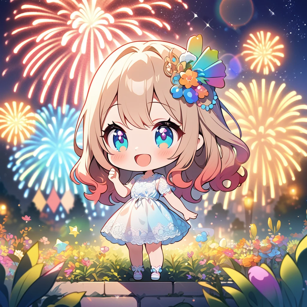 Masterpiece, top quality, 4k, ((2D illustration)), one beautiful girl, solo, ((vivid colors)), (((chibi style))), ((long beautiful hair)), glossy light brown hair, gradient hair color, cute, beautiful detailed eyes, hair between eyes, ((hair ornament)), ((lacy short sleeve dress)), short socks, cute shoes, cool colors, ((full body shot)), ((joyful smile)), ((fireworks)), ((lots of colorful stuff around)), ((garden)), ((night)), (((lens flare))), white light, ((starry sky)), sparkle
