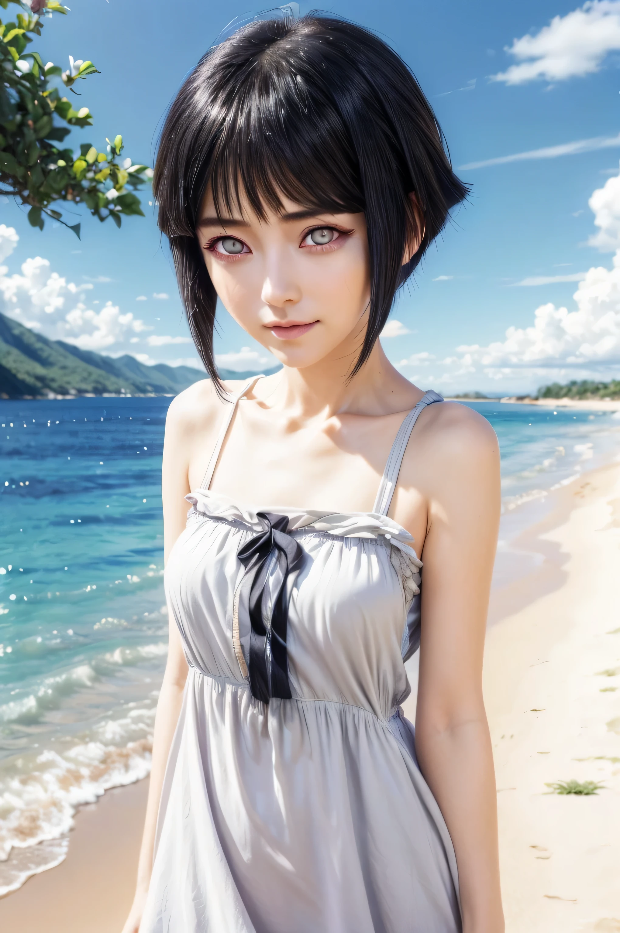 masterpiece, best quality, (realistic,photo-realistic:1.4), (RAW photo:1.2), extremely detailed CG unity 8k wallpaper, delicate and beautiful, amazing,finely detail, official art, absurdres, incredibly absurdres, huge filesize, ultra-detailed,extremely detailed eyes and face,light on face,hinata,(little smile),(black hair:1.4),(short hair:1.4),(wearing sundress:1.5),(nature background:1.4),(byakugan eyes:1.6)