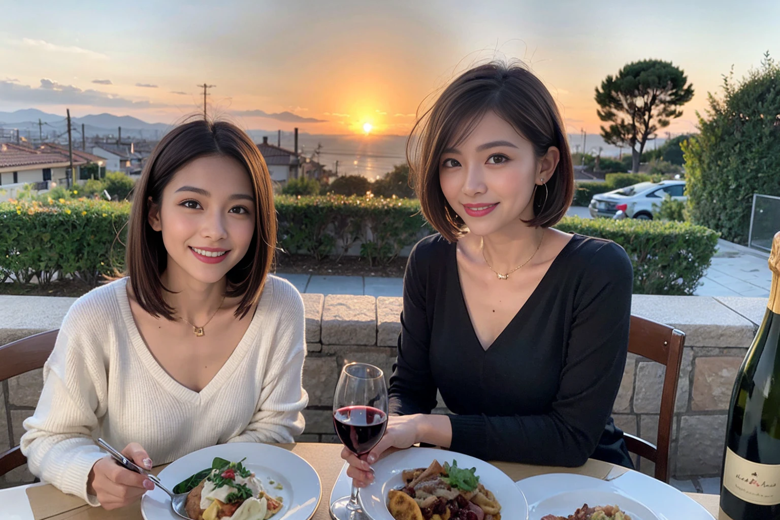 （Realistic:1.1）,(masterpiece,Highest quality)，8k,(58 years old), 53 years old, ベリーslimボディ、slimカップル、Tight waist,Upper Body,full-course dinner、wine 、Amazing view of the sunset sky and clouds、Perfect Anatomy, Brown Hair, short hair,Random Hairstyles,((Highly detailed face and eyes:1.2))，Perfect golden ratio face，Long sleeve shirt、dress,(smile:1.2)、Shortcuts、cute、(Realistic, Intricate details:1.2), A bright smile、short hair,Bright Face、赤wine 、Appetizers、Italian food、wine bottle、Champagne、スパークリングwine、(slimな顔), (The body is slim), (Brown Hair), (Shortcuts),  Upper Body, 白wine, slim, wineグラス, 