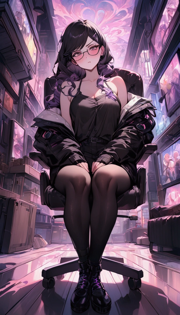 Dynamic composition,dutch angle,full body,脚にフォーカス,{{masterpiece}}, {{{Highest quality}}},{{Very detailed}},cyberpunk,1girl,30years old,{Mature Woman}},otaku obsessed with fighting geeks,,{{Sit on a chair and take a rest}},ショートパンツ,glasses,long-sleeved shirt,,clavicle,,{{v-shaped eyebrows}},Bad mood,blush,Sweat,raise one's eyebrows ,{{View your viewers}}、long hair, ,indoor、パソコンルーム