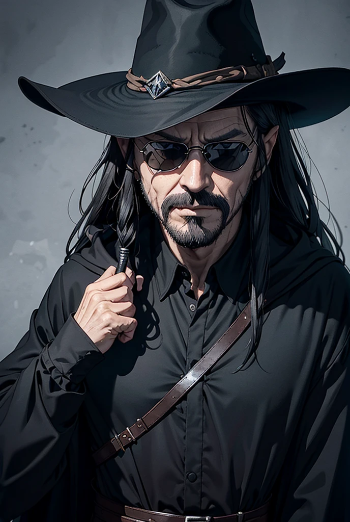 The man wore black sunglasses and a hat., Solomon Kane Hairstyle, Looks like Karl Heisenberg, middle aged man, gray eyes, black hair, be a wizard, Dress or wear medieval clothing., Dungeon and Dragon, Put on a wizard's outfit, The color scheme is brown mixed with black.