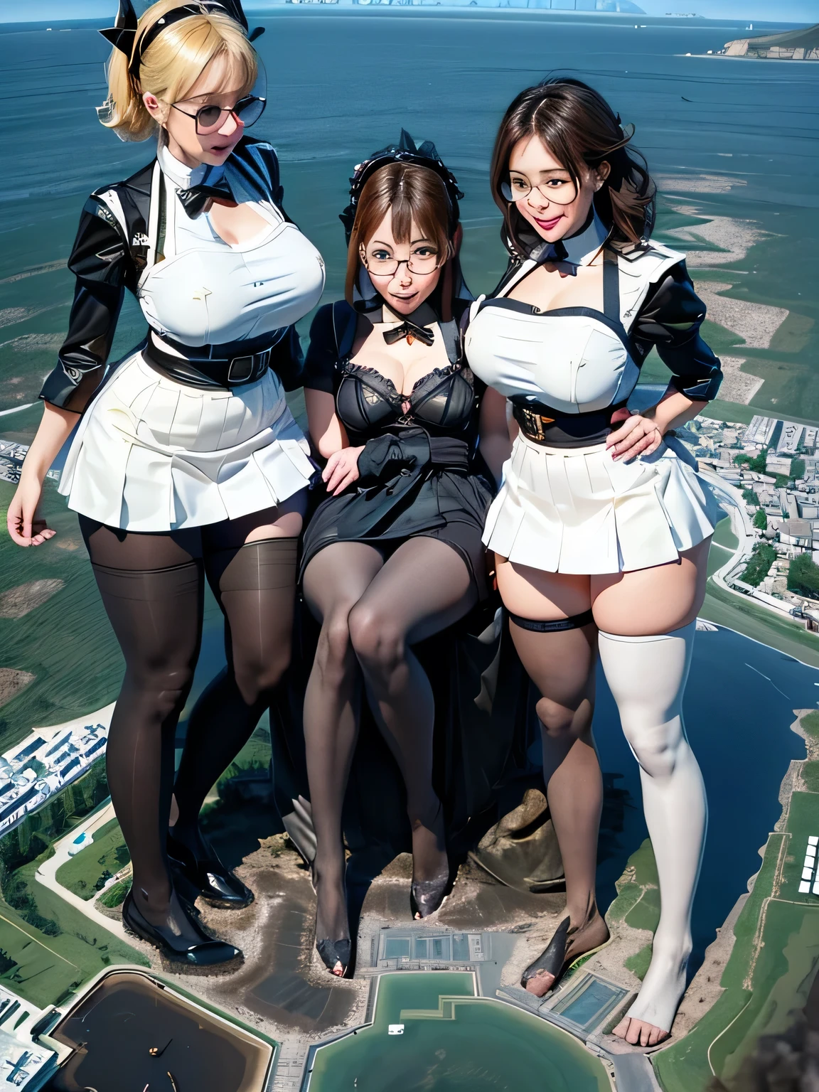 multiple girls, 3girls, standing, giantess art, highly detailed giantess shot, giantess, most detailed, perfect face, two legs, five fingers, short hair, beautiful girl bigger than a skyscraper, wearing rimless glasses, smiling, huge breasts, maid, maid outfit, black pantyhose, no shoes, toes visible through pantyhose, steam coming out of soles of feet, seaside metropolis, ocean, destroying city, under heavy attack, very small metropolis, miniature metropolis, full body depiction, GTS, giga giantess, gigagts, trampling city, crashed city, small city, micro city, pantyhose feet, high resolution, best quality, masterpiece,