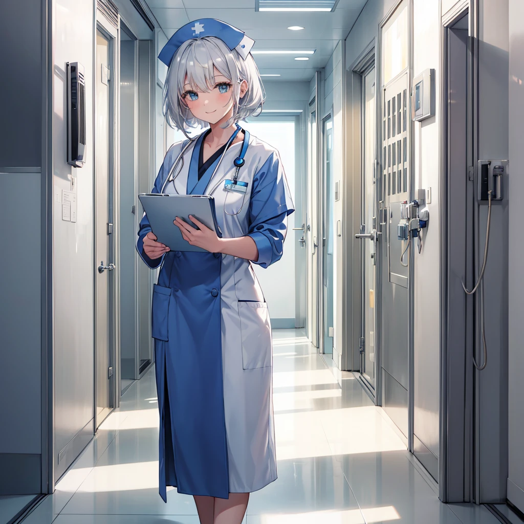 nursing aide,one girl,blue or white scrubs,not wearing a hat or cap,Facing forward,smile, full body,silver hair, A nurse aide without a nurse cap, standing in a hospital setting, smiling, and attending to a patient.