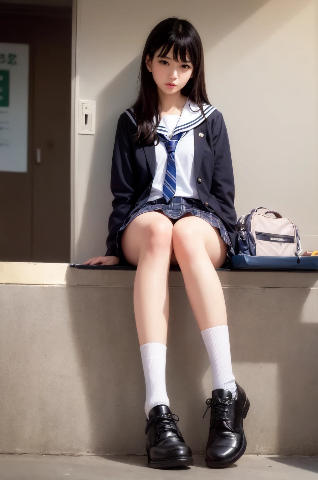 (RAW Photos:1.4), (photoRealistic:1.3),(masterpiece), Highest quality, Highest quality, Very detailed CG unity 8k wallpaper, Detailed and complex, original,High resolution,
\\
One girl,alone,(16 years),Very detailed_eye, nail,Medium chest,(eyeliner:0.5),(blush:0.5),Black Hair,Long Hair,Hair Clip, View your viewers,Browsing Caution,
\\
high school,student,, Sailor collar,Bobby Socks,school bag,skirt, Plaid, Plaid skirt,Raise your knees,Sitting,
\\
street, Subway Station, Shop Boundaries, akihabara \(Tokyo\), Shibuya Ward \(Tokyo\), Shinjuku \(Tokyo\),
\\
Beautifully detailed backgrounds,Depth of written boundary,change:0.1,Realistic:1.3,(Zhou Haoguang:1),(Neon Light:0.1),(High resolution:1),(Studio Lighting:1.5),(Panty shot:1.2),From below,whole body,  