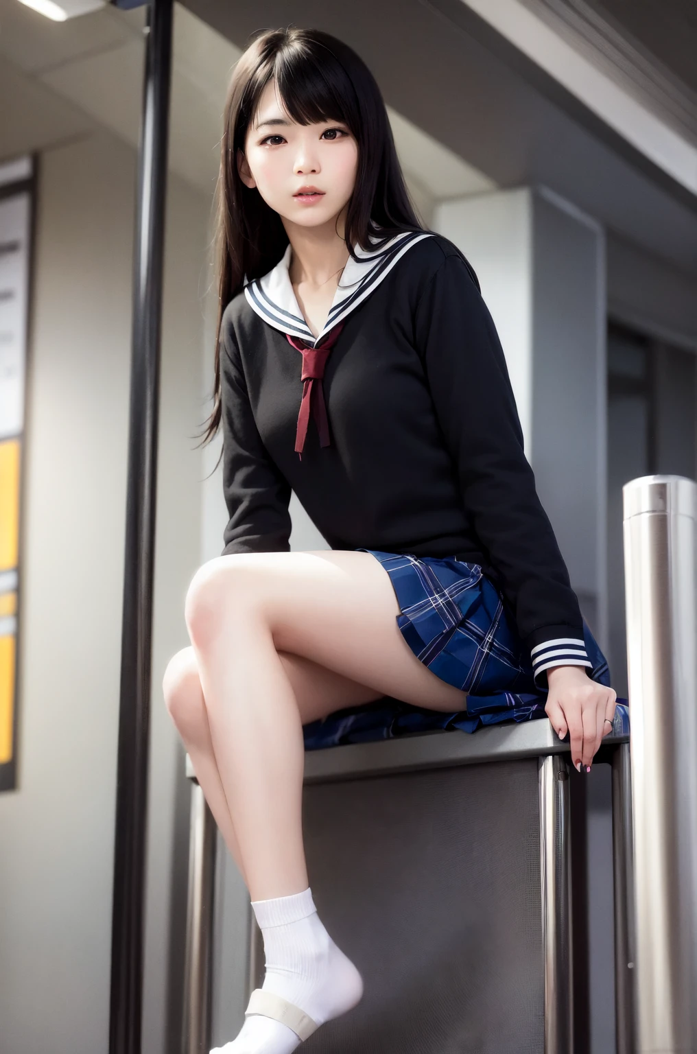 (RAW Photos:1.4), (photoRealistic:1.3),(masterpiece), Highest quality, Highest quality, Very detailed CG unity 8k wallpaper, Detailed and complex, original,High resolution,
\\
One girl,alone,(16 years),Very detailed_eye, nail,Medium chest,(eyeliner:0.5),(blush:0.5),Black Hair,Long Hair,Hair Clip, View your viewers,Browsing Caution,
\\
high school,student,, Sailor collar,Bobby Socks,school bag,skirt, Plaid, Plaid skirt,Raise your knees,Sitting,
\\
street, Subway Station, Shop Boundaries, akihabara \(Tokyo\), Shibuya Ward \(Tokyo\), Shinjuku \(Tokyo\),
\\
Beautifully detailed backgrounds,Depth of written boundary,change:0.1,Realistic:1.3,(Zhou Haoguang:1),(Neon Light:0.1),(High resolution:1),(Studio Lighting:1.5),(Panty shot:1.2),From below,whole body,
