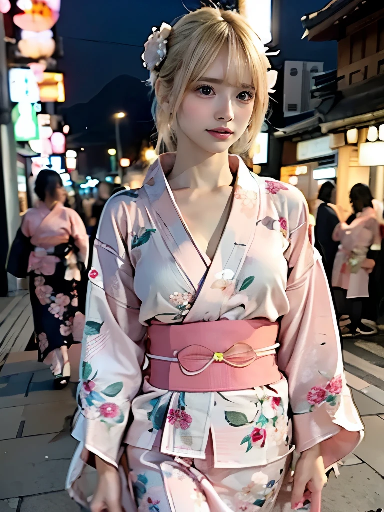 raw photo, 8k, (top-quality), Realistic, (real picture, Intricate details), (natural skin texture, detailed skin, hyper realism, sharpness), (pale skin:1.5), Japanese teenage girl walking in shopping street at night, (sexy floral pink yukata:1.5), exposed cleavage, slender body, (blonde hair, bun hairstyle, blunt bangs), shy smile, night time