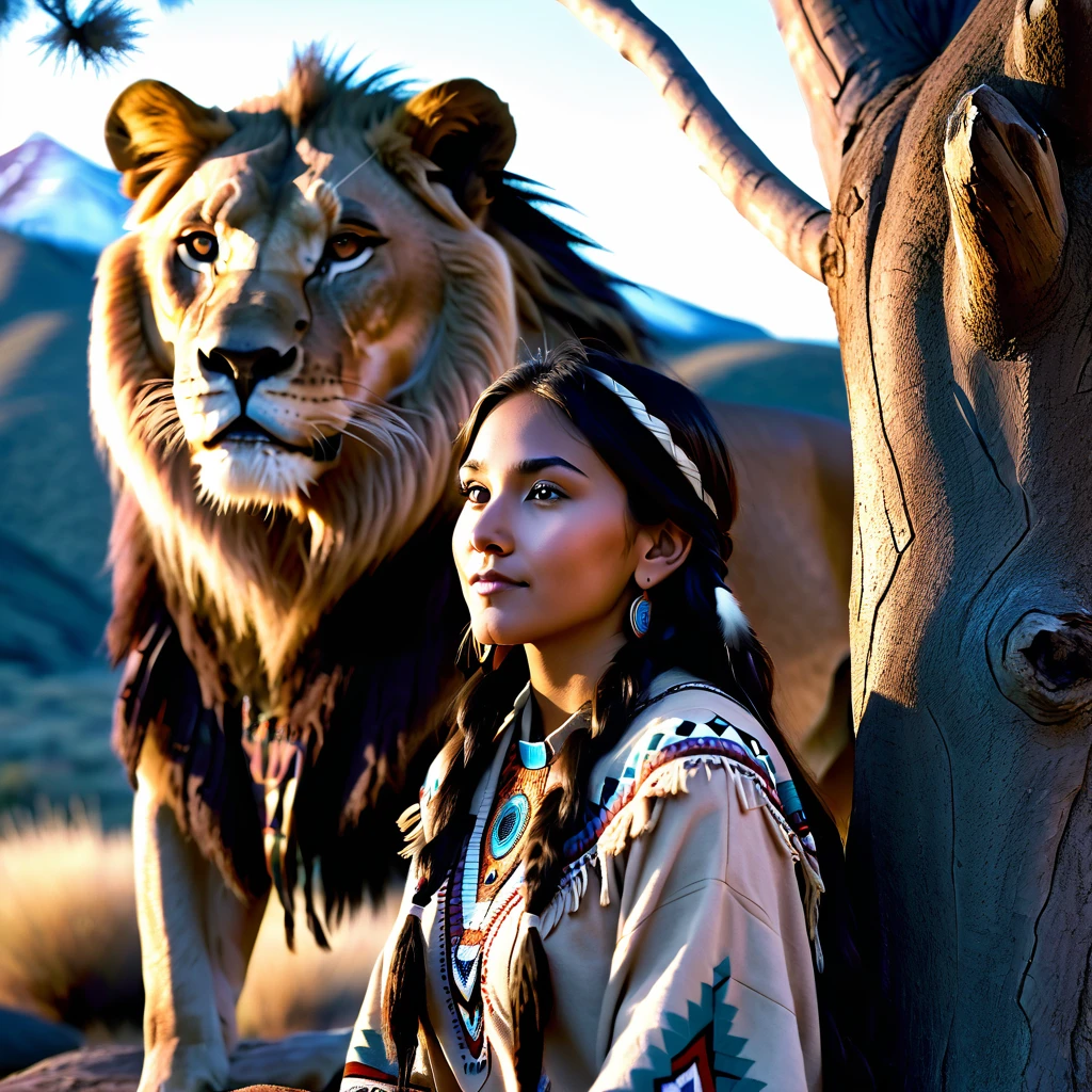 (grainy:0.5), cinematic, beautiful girl 25 year old,native american,fantasy,(solo:1.3), detailed eyes, detailed face, detailed native american clothing , volumetric lighting, dusk, extremely detailed background, standing next to tree and mountain, smiling, half closed eyes, tilted head, from side, sitting next to her lion