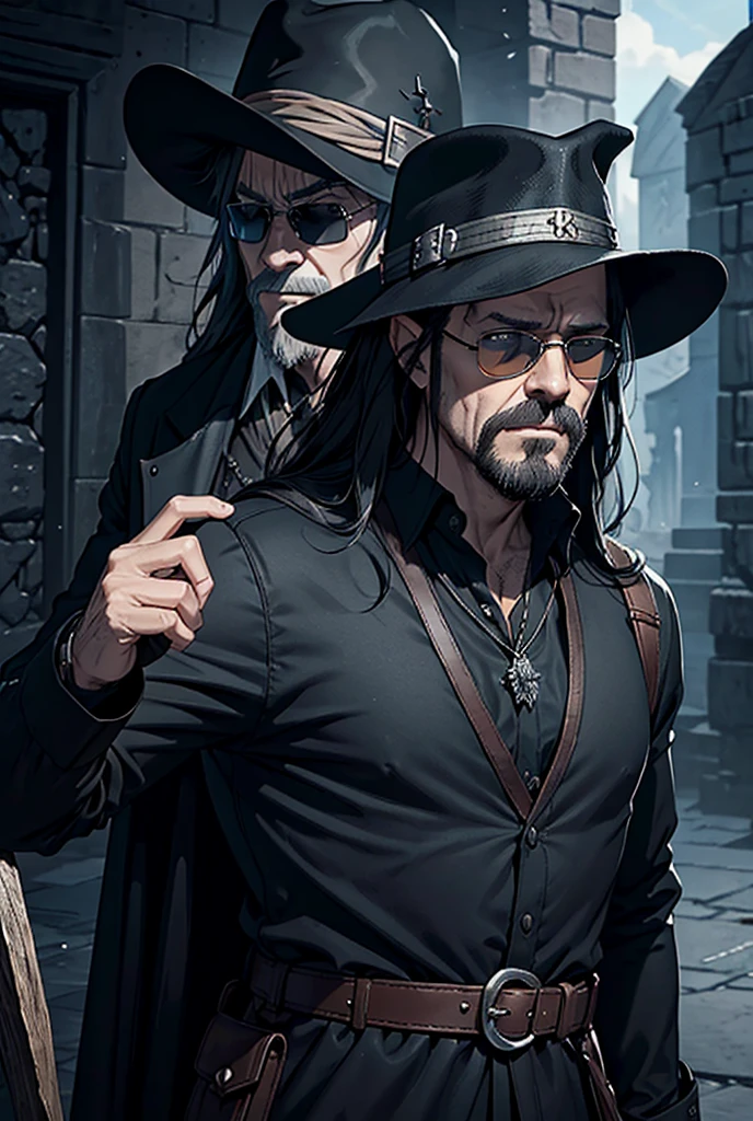 The man wore black sunglasses and a hat., Solomon Kane Hairstyle, Looks like Karl Heisenberg, middle aged man, gray eyes, black hair, be a wizard, Dress or wear medieval clothing., Dungeon and Dragon, Put on a wizard's outfit, The color scheme is brown mixed with black.