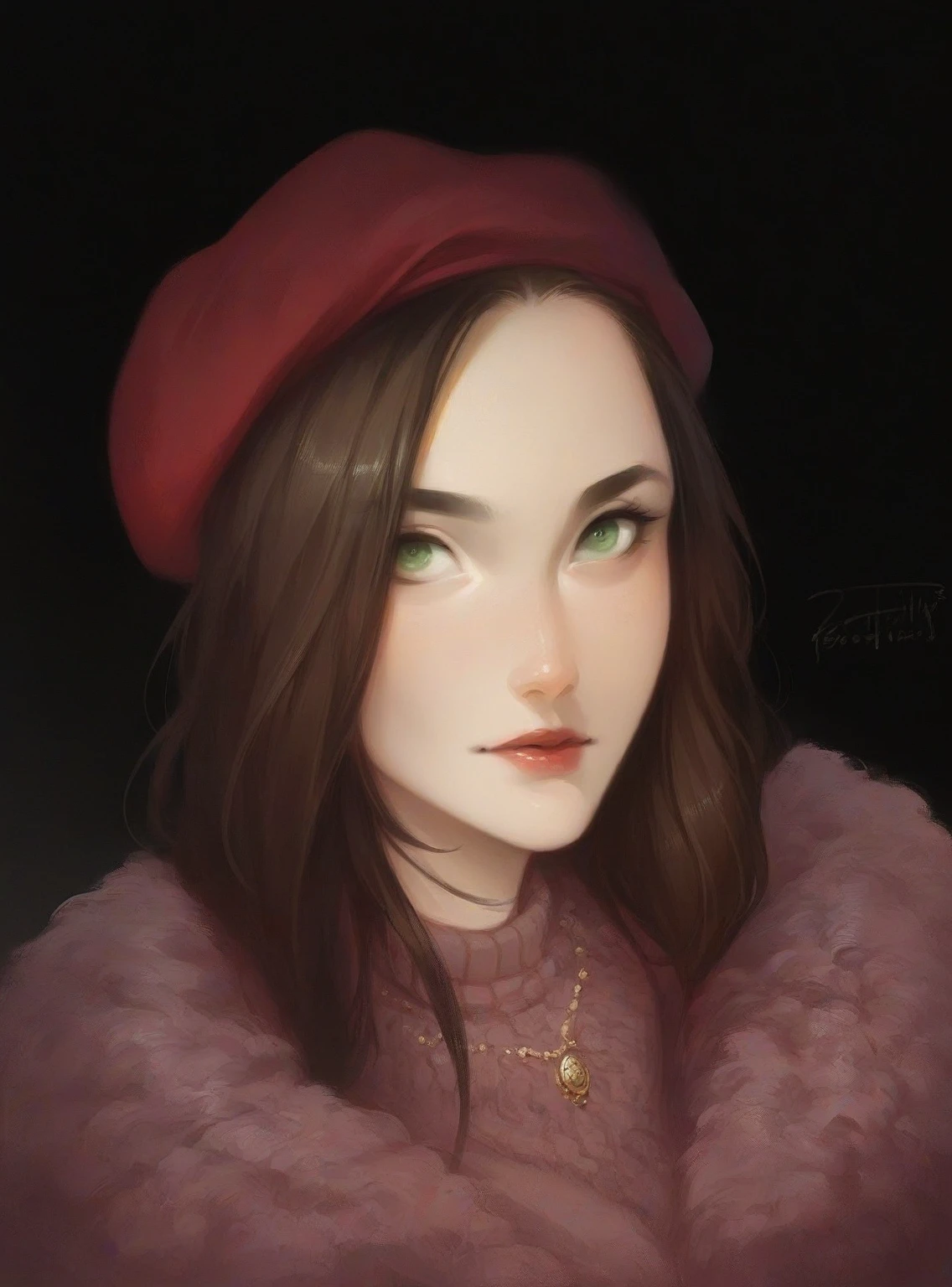 a woman with a chestnut square, in a burgundy beret, with burgundy lipstick on her lips, green eyes, pin-up, stylized in the fashion of the 50s, in an elegant gold necklace, in a high-necked sweater,