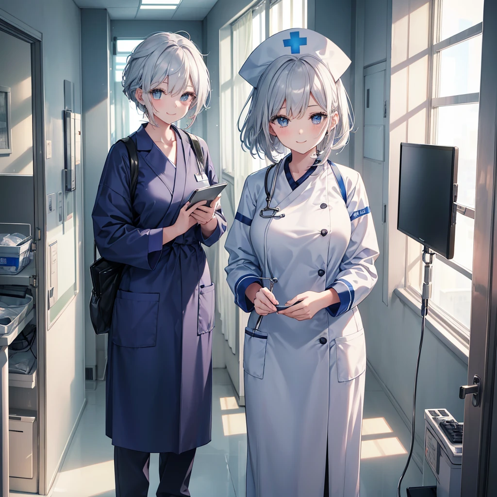 nursing aide,one girl,blue or white scrubs,not wearing a hat or cap,Facing forward,smile, full body,silver hair, A nurse aide without a nurse cap, standing in a hospital setting, smiling, and attending to a patient.