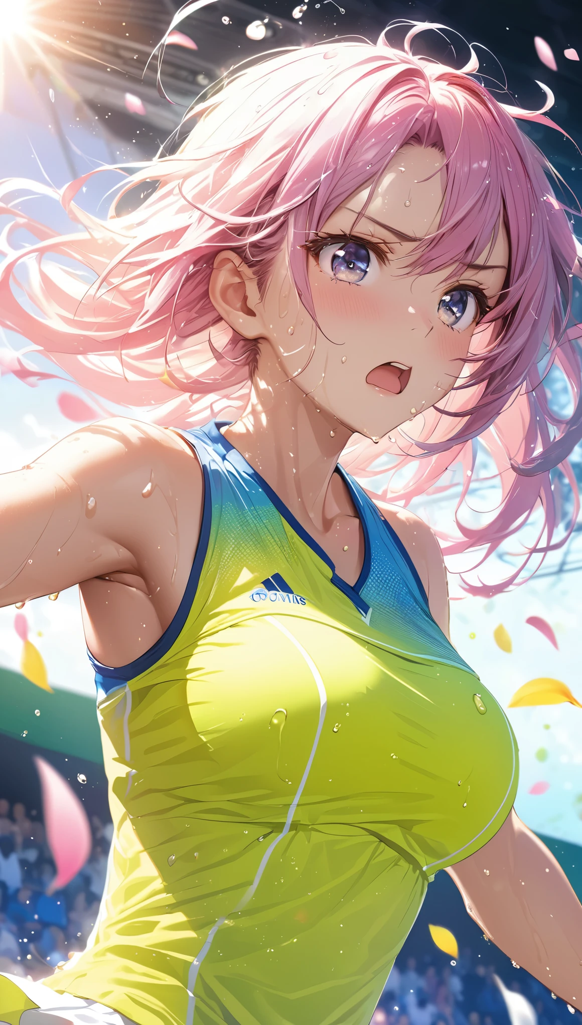 (Sports magazine cover photo), Highest quality, Great quality, 16K, Unbelievably absurd, Very detailed, delicate and dynamic, Natural light, The particles reflect light, Diffuse reflection of light, Many rainbow-colored petals fall, Beautiful field, Sparkling Sun, Diffuse reflection of light, Create amazing image effects, , Wet, sweating, Tennis, receive, Close-up(Cute sexy girl, big bouncing busts, Sensual expression, Cool girl, Serious, passion, Dynamic, Flashy tennis wear, ,audience , much-air-laden cheer)