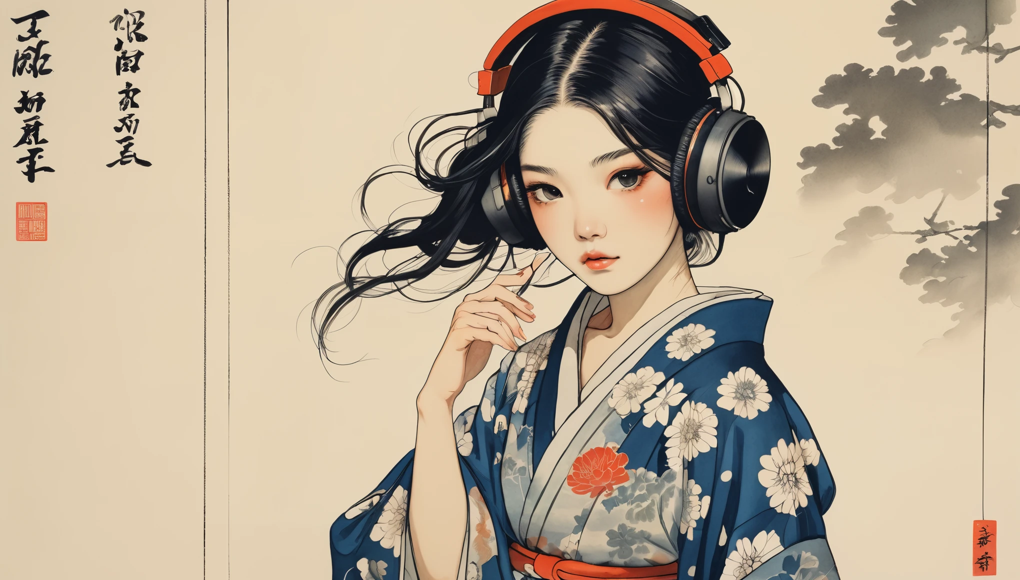 Goldfish print kimono, TATOO on the face, Highest quality, Katsushika Hokusai, Ink Painting, (((1 girl))), Japanese style headphones, beautiful girl, Black hair long hair, Delicate and precise, Modern ukiyo-e style, Darkness