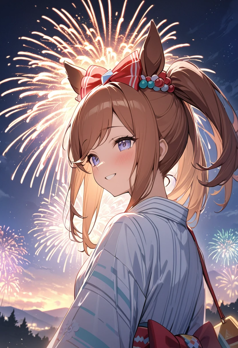 masterpiece、Highest quality、Detailed Description、beautiful、Agnes Digital\(umamusume\)、White yukata、Fireworks in the distance、beautiful瞳、Turn around and laugh、slope、Diffuse reflection of light、flash、Upper body close-up、Golden Ratio