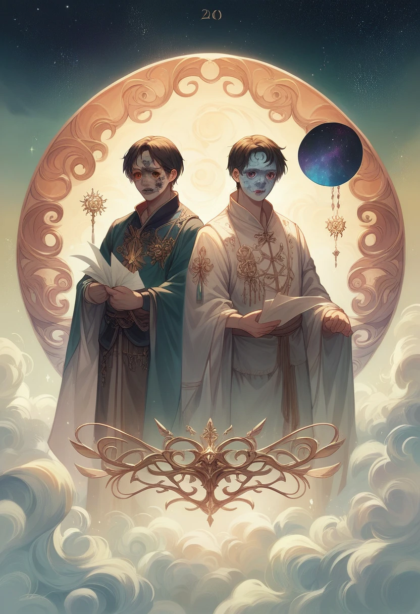 masterpiece, Highest quality, Highly detailed CG Unity 8k wallpaper, Paper cutting, (Detailed face), Detailed eyes, Bright sky nebula, 2 people, Year: 16, One stands on the other's shoulders