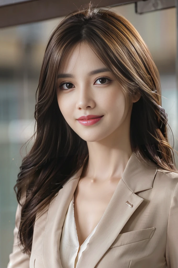 table top, highest quality, realistic, super detailed, finely, High resolution, 8k wallpaper, 1 beautiful woman,, light brown messy hair, wearing a business suit, sharp focus, perfect dynamic composition, detailed and beautiful eyes, fine hair, Detailed and realistic skin texture, smile, close-up portrait, model body shape