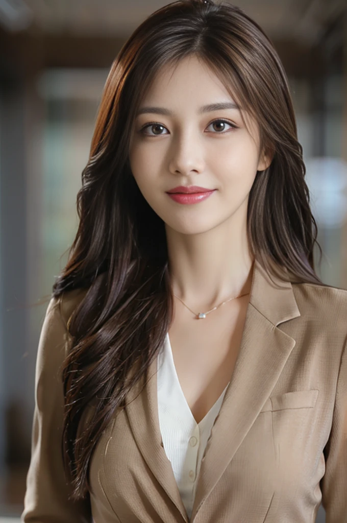 table top, highest quality, realistic, super detailed, finely, High resolution, 8k wallpaper, 1 beautiful woman,, light brown messy hair, wearing a business suit, sharp focus, perfect dynamic composition, detailed and beautiful eyes, fine hair, Detailed and realistic skin texture, smile, close-up portrait, model body shape