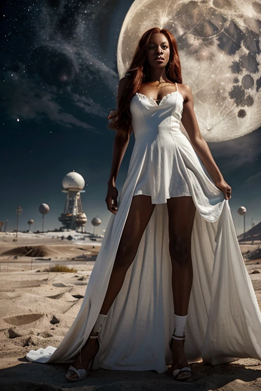 Tall dark-skinned girl with long red hair in a white long dress. against the backdrop of the cosmodrome and the huge moon