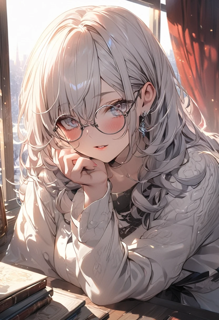(Masterpiece, best quality, Sharp focus, depth of field, best shadow, perfect fire, HDR, Realistic skin texture, The background is too detailed.), 1 woman, big breasts, white hair, Silver Eyes, (put on makeup, lip balm), Wear round glasses., in the library, Cold expression, In his hand was a dagger., next to the window, The light from the evening sun shines on the window.