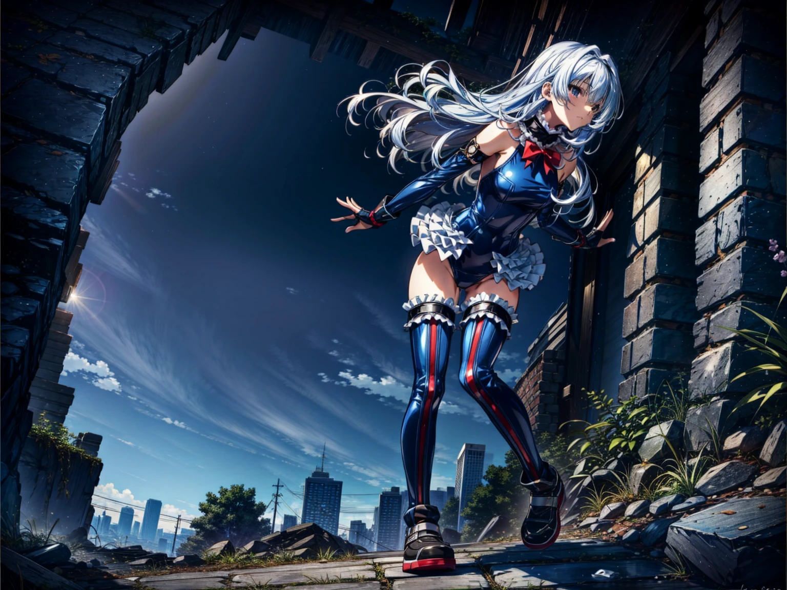 Masterpiece, Very detailed, Highest quality, Sharp focus, 12k, ultra hi resolution picture, big ,12k,Perfect Anatomy, Highest quality,,(Emotionless:1.2)
,Anime Style,(frilled swimsuit,thighhighs,detached sleeves), (Anime Style:1.4) ,
,(White fingers:1.2,Black gloves),
,(full body:1.3),(ruins:1.1),Random Pause,Random Angle,