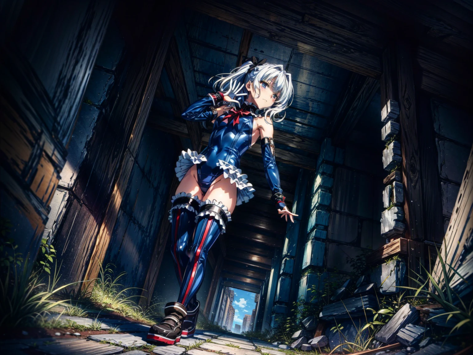 Masterpiece, Very detailed, Highest quality, Sharp focus, 12k, ultra hi resolution picture, big ,12k,Perfect Anatomy, Highest quality,,(Emotionless:1.2)
,Anime Style,(frilled swimsuit,thighhighs,detached sleeves), (Anime Style:1.4) ,
,(White fingers:1.2,Black gloves),
,(full body:1.3),(ruins:1.1),Random Pause,Random Angle,
