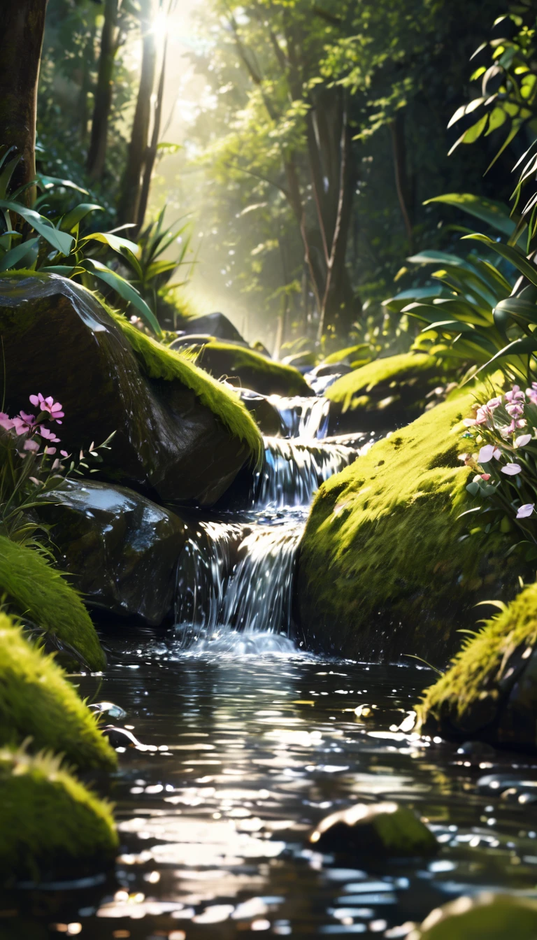 Creek，Water Flow，stone，Green Jungle，high-definition，Realistic style，Close-up，Low Angle of View，Light spot，moss，Small Flower，Grass，The stone in the lower center of the picture，Natural Scenes，Bright colors，Large aperture,Close shot,blur background/Bokeh,lens flare